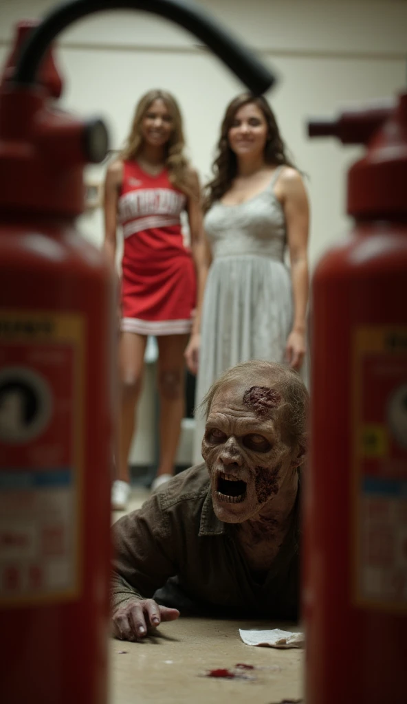 foreground shooting， a zombie on the ground by a fire extinguisher ，the fire extinguisher blocks the foreground of the screen，fo...