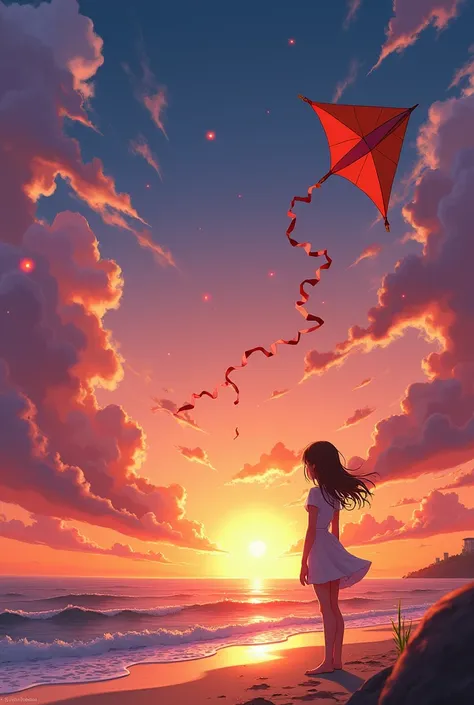 there is a girl that is flying a kite on the beach, a picture inspired by cyril rolando, pixiv contest winner, conceptual art, m...