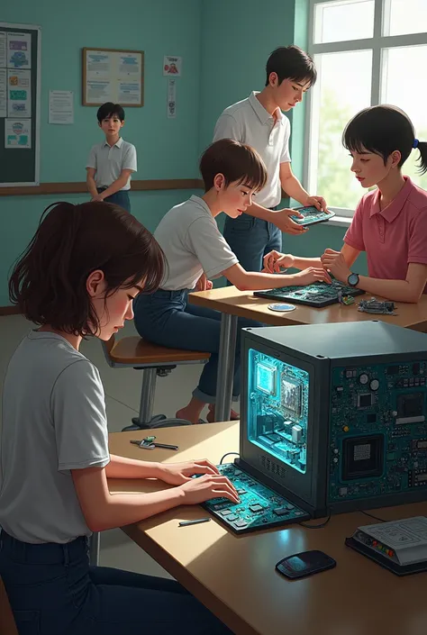 there were four people sitting in the classroom.
the 1st person is repairing the motherboard.
the 2nd person is repairing the co...