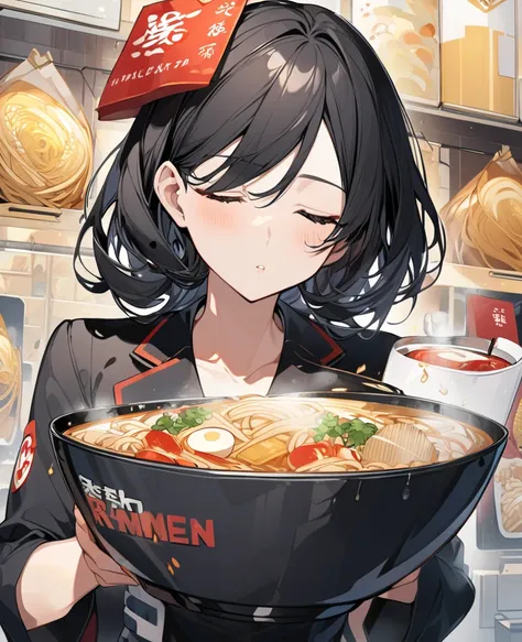 beautiful adult woman with long black hair closes her eyes、 holds a large bowl full of ramen、company employee、 recruitment suit