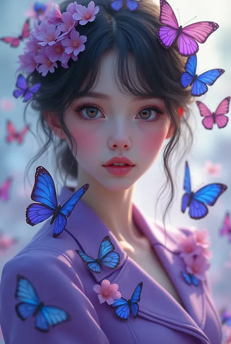 a girl with purple suit on which purle nd blue pink butterflies cute girl with beautiful eyes