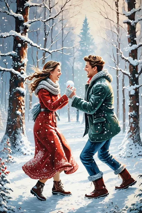 photo of a couple is having a snowball fight in the snow, surrounded by a peaceful forest. only their laughter breaks the silenc...