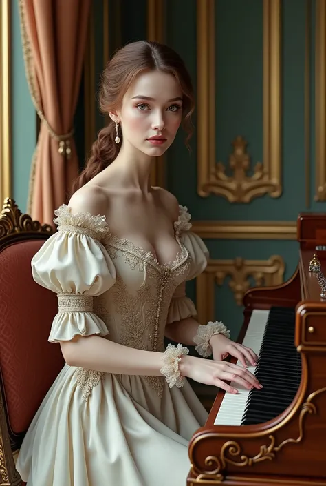 ( photorealism:1.4), beautiful 18th century versailles daughter playing harpsichord, ((period instrument with reversed black key...