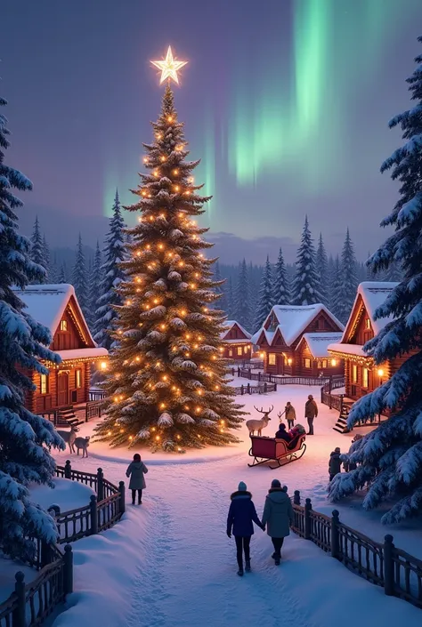 A magical depiction of Santa Claus Village at twilight, nestled in the snowy wilderness of Lapland. Wooden cabins with glowing g...