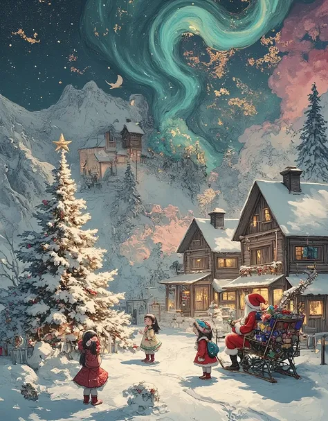 A magical winter scene depicting Santa Claus Village nestled in a snow-covered valley under a starry night sky. Cozy log cabins ...