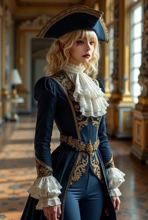 a woman with blonde curly hair and straight bangs, dressed in 1710s mens versailles mens suit. a historical rococo costume with ...