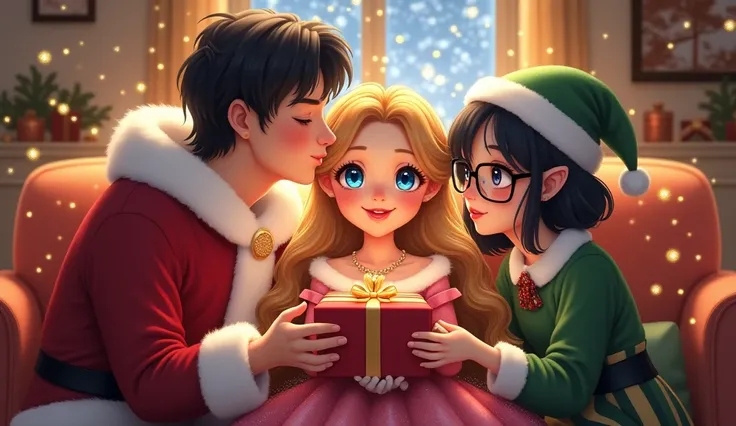 A magical hiperrealistic illustration of a romantic scene. A stunning s beautiful little princess, with bright sapphire blue eye...