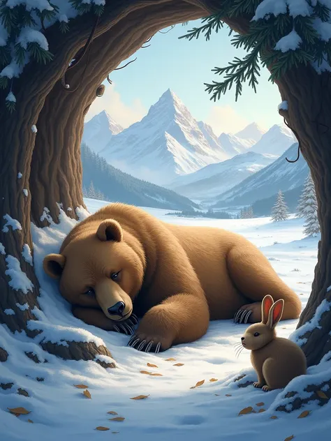 a big brown bear is happily sleeping deep in its den in the winter wilds, the den is covered with many fluffy beautiful dead lea...