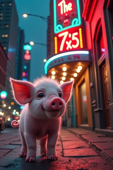 a little pig entering a strip club called "the 7x5 "  located on the grand avenue in santiago de chile