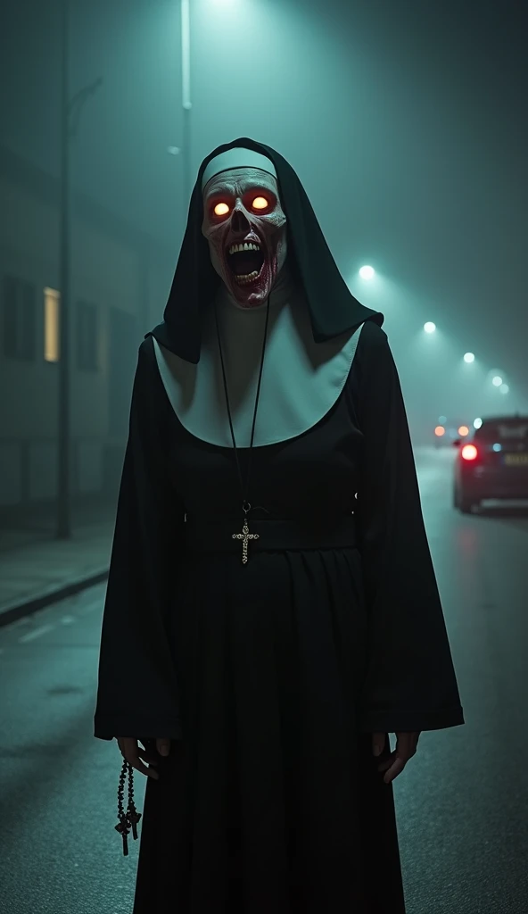 create an image of a nun with a terrifying, horror-stricken face, standing in a dark, empty street. the street is dimly lit by a...