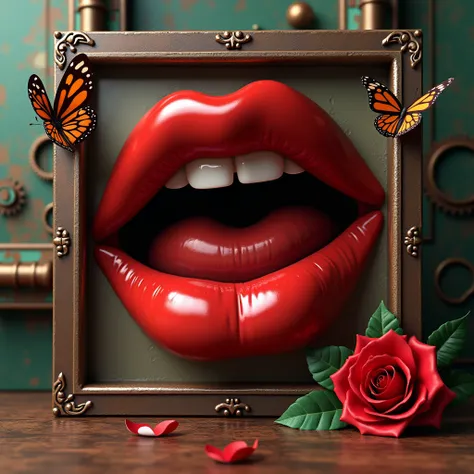 steampunk style, a close up of multiple red lips in a frame, a rose on a table, butterfly around,surreal art, detailed digital 3...