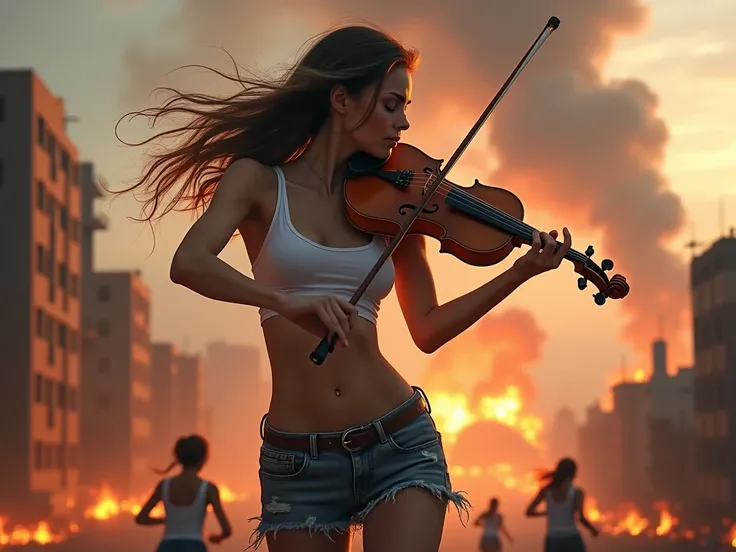 a girl with a sexy figure, big breasts wearing short jeans, playing the violin on top of the building behind her looks like a to...