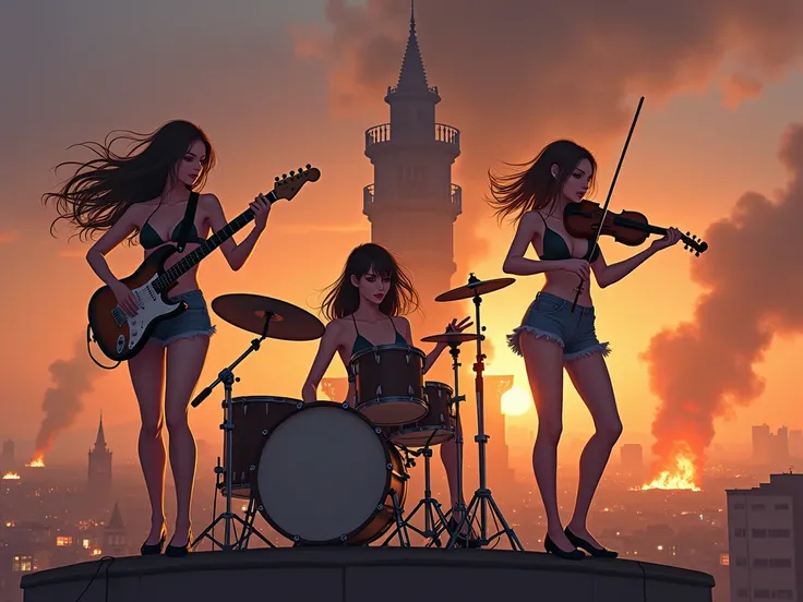 three girls with sexy bodies, big breasts wearing short jeans, one girl playing the violin, the second girl playing the guitar a...