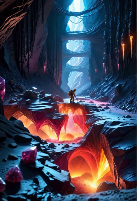 a futuristic sci-fi landscape, a miner digging into a glowing red crystal vein, highly detailed, cinematic lighting, intricate m...