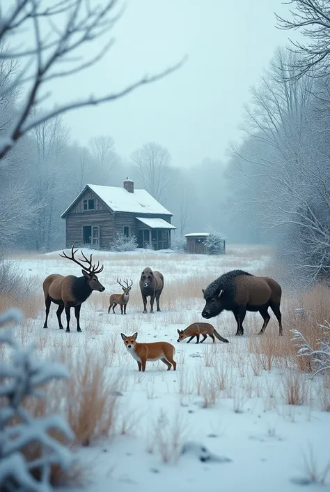 créer une image post-apocalyptique qualité cinématographique, 8k. scène de campagne en hiver délabrée. les maisons des champs so...