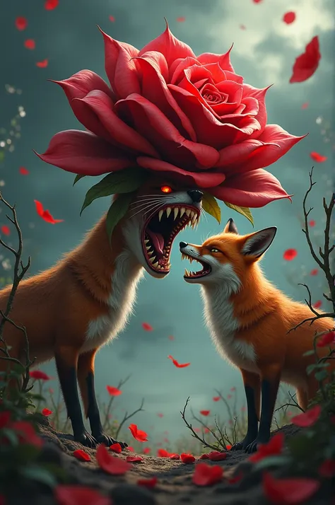 "create an image where a [fox] and a [rose flower] are positioned together, both exuding anger and facing each other with intens...