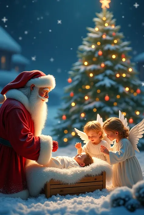 it's christmas eve, night in snow with cute santa claus and cute little angels and baby jesus, christmas tree, stars and bells, ...