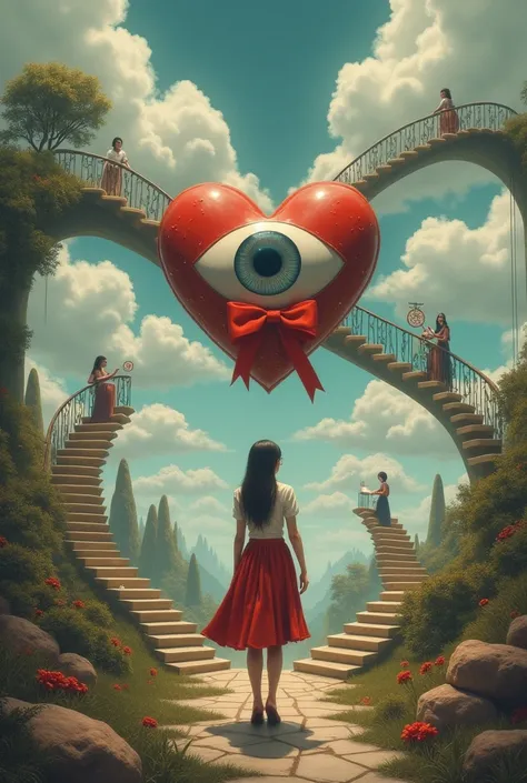 surrealism artwork, 

a woman walking in the floating staircases, a victorian theatre stage emerging from a woman's head from th...