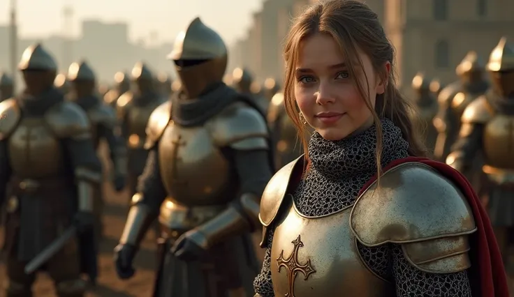 generate an image about the fallout computer game: london,  girl in medieval chain mail armor ,  medieval english armor ,  stand...