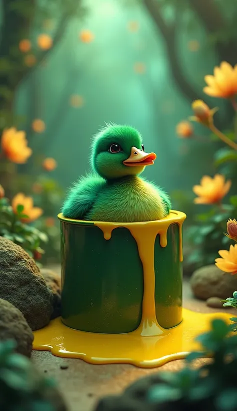 a dark green duck with green feathers ,  inside a paint can   ,  the ink is yellow and is spilling and dripping ,   the duckling...