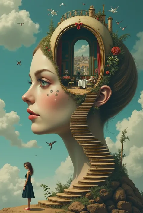 surrealism artwork, a woman walking in the floating staircases to eye hole of woman’s face, a victorian theatre stage emerging f...