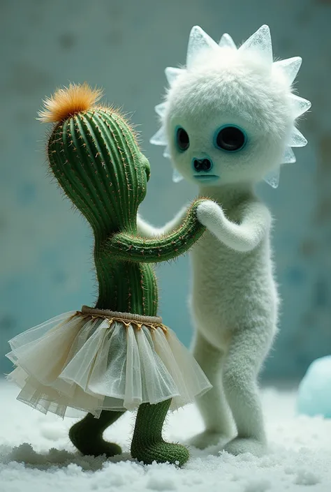 a cactus in a skirt dancing tango with an antarctic face