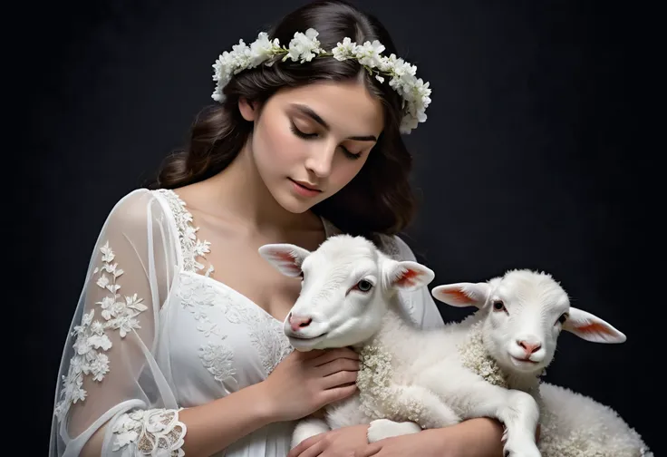 create a image of  a brunette serene young woman dressed in a flowing white gown with delicate lace details, exuding a gentle an...