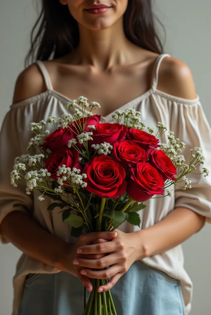 create a brazilian adolescent woman holding a bouquet without showing the adolescent's face,  realistic people who seem to be re...