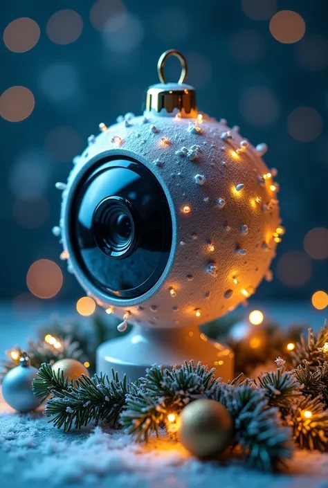 je veux le visuel dune caméra de vidéosurveillance décorée comme une boule de Noël, entourée de guirlandes.
Couleurs dominantes ...