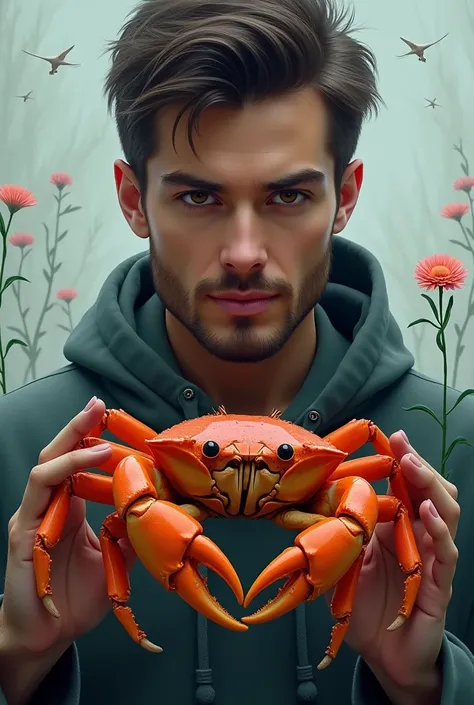 Handsome Cancer man with crab in his hand 