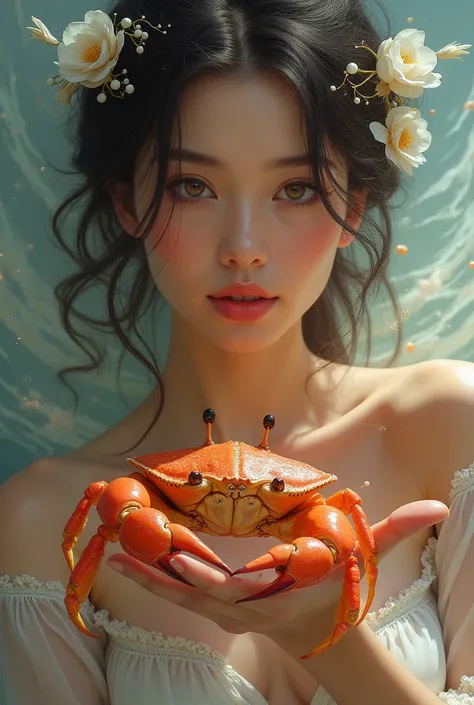 handsome woman of the sign of cancer with crab in her hand