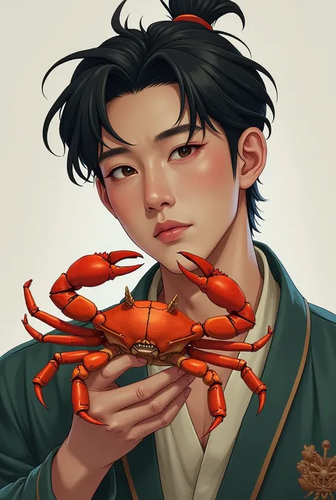 Korean man of the sign of Cancer with crab in his hand 