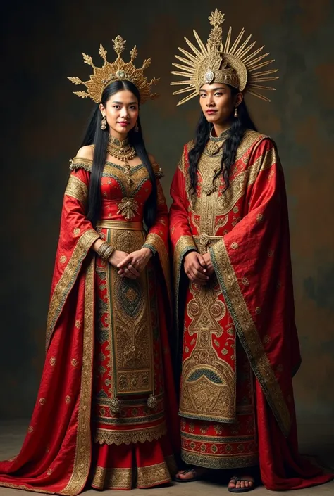 realistic majapahit queen and king, tribuwhana tunggal dewi (gitaja) full body wearing gagampang (javanese traditional). mixed w...