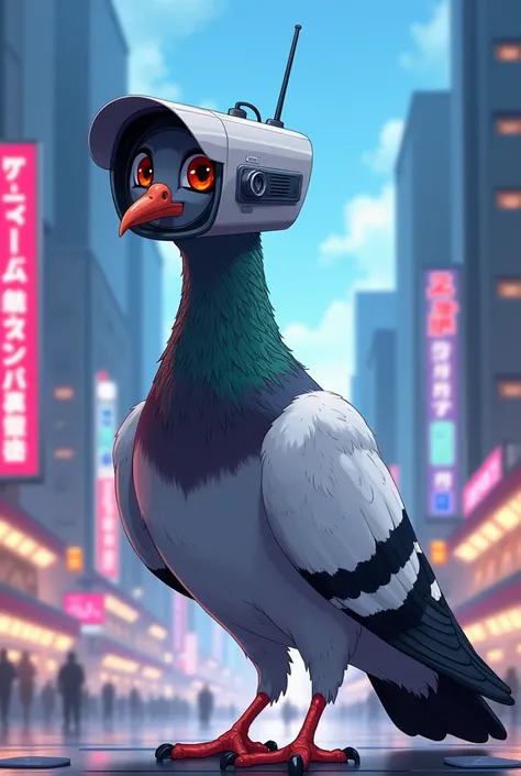 anime of a pigeon with a bucket security camera head