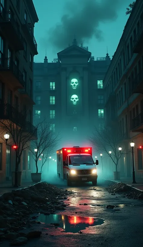 a desolate, apocalyptic city at night, with a haunted ambulance rushing down broken streets toward a crumbling hospital engulfed...