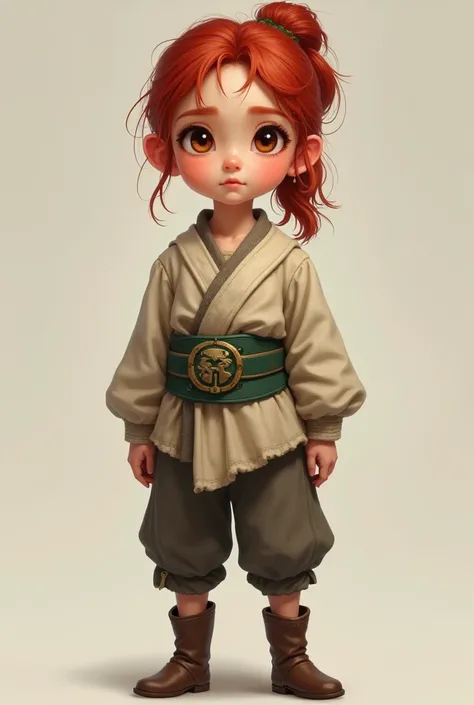 little  girl wearing mediaeval commoner clothes with red hair, asian eyes, big, green and white leather and realistic 2d