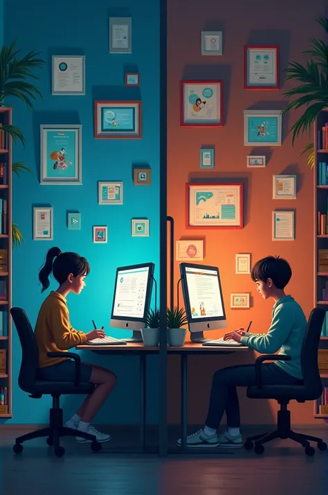 scenery:  two students in contrasting situations .
	 • left side : a student at home ,  using a modern computer to study .
	 • r...