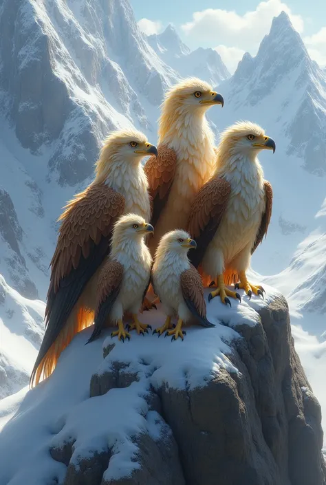 I want you to create a very realistic and elaborate image of a griffin family (5 griffins ) on a mountain. I want all the griff...