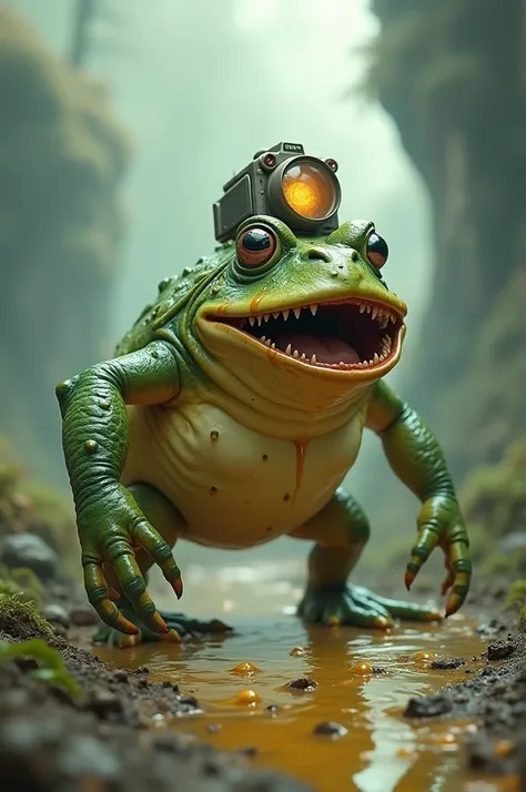 create a strange animal with the key elements: frog, cheese, camera