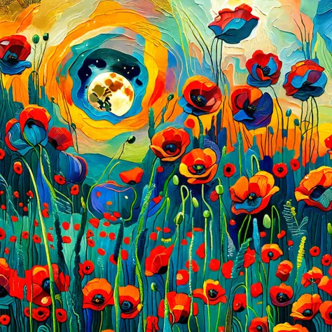 a field of vibrant red poppies under a full moon, inspired by the style of marianne von werefkin, with impasto oil paint texture...