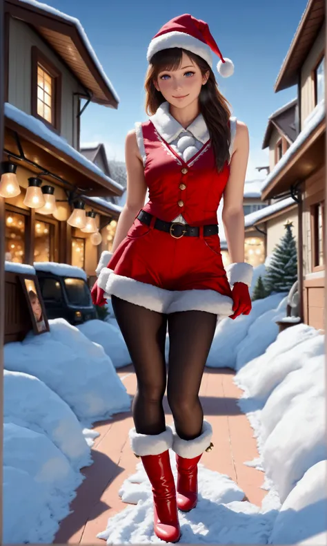 a cute woman, 25 years old, wearing sexy holiday tights, furry Christmas boots, gloves, hat and vest, happy expression, playing ...