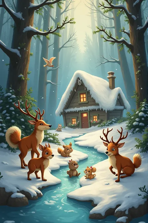 illustration for the fairy tale about the new year, that forest animals save.