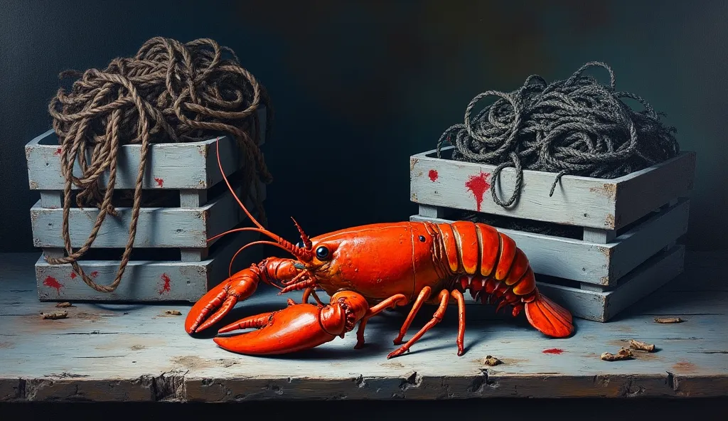 still life painting of a lobster on a rustic wooden surface.  dark, moody atmosphere with a focus on texture and form. lobster i...