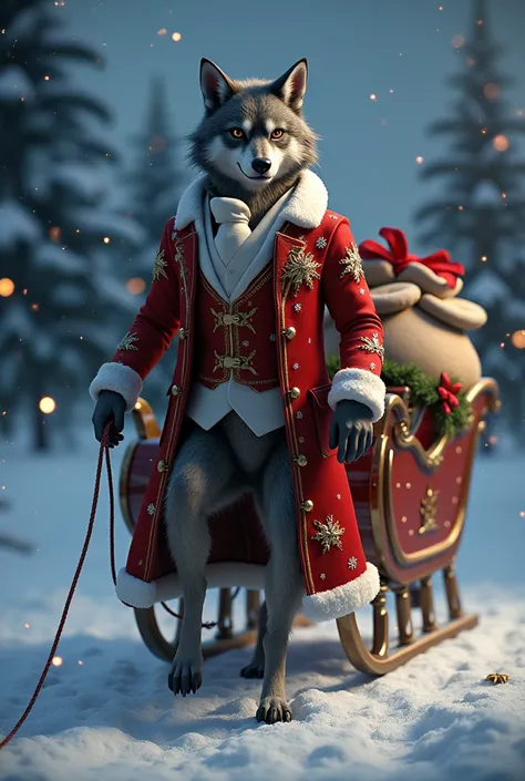 an elegant werewolff wearing a Christmas suit and holding a bag of gifts, riding a Christmas sleigh