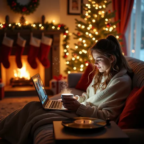 A cozy winter living room warmly lit by fairy lights and festive decor. A young woman, wrapped in a blanket, sits on a plush cou...