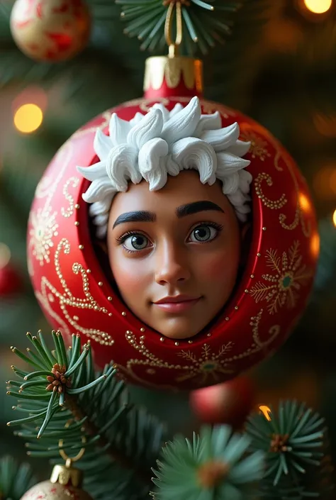 red Christmas sphere, to decorate Christmas tree , with a teenage man , with brown skin, gray eyes and white hair, relaxed