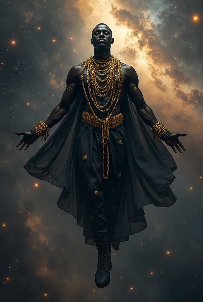 black person with golden chains floating outerspace looking awesome