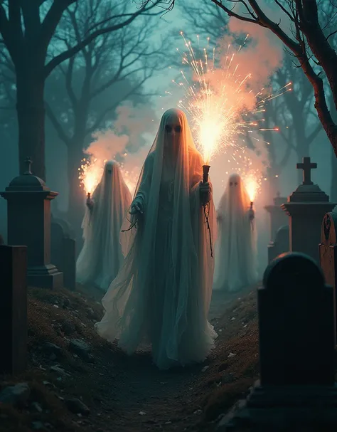 a procession of ghostly figures walks through a graveyard, carrying fireworks that light up the night. the figures, dressed in t...