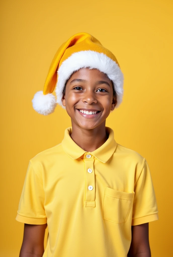 young light yellow polo shirt and yellow christmas hat