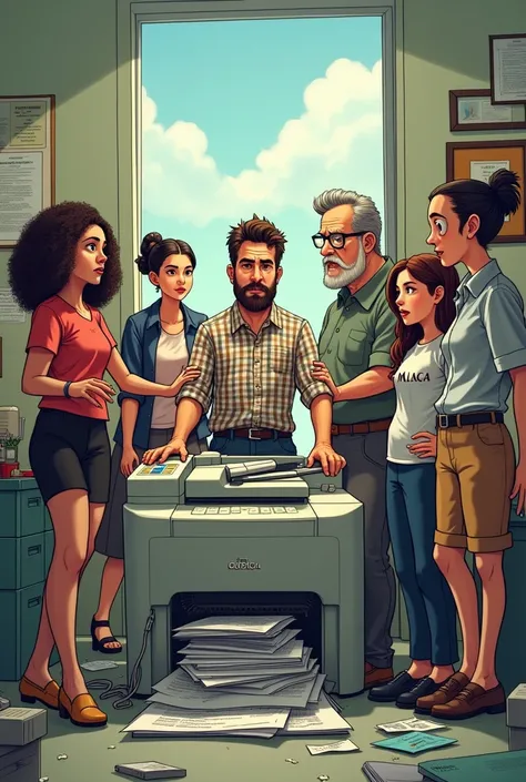 in a humorical tone:  a group of people in an office :  in the center is a man in a checkered shirt , beard and angry face ,  ne...